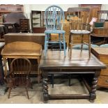 A 20th century oak drawleaf dining table together with a pine wash stand and four assorted chairs