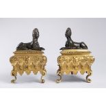 LOUIS XVI. ANDIRONS Second half of 18th century France Paris gilded bronze, bronze 23,5 x 15,5 x