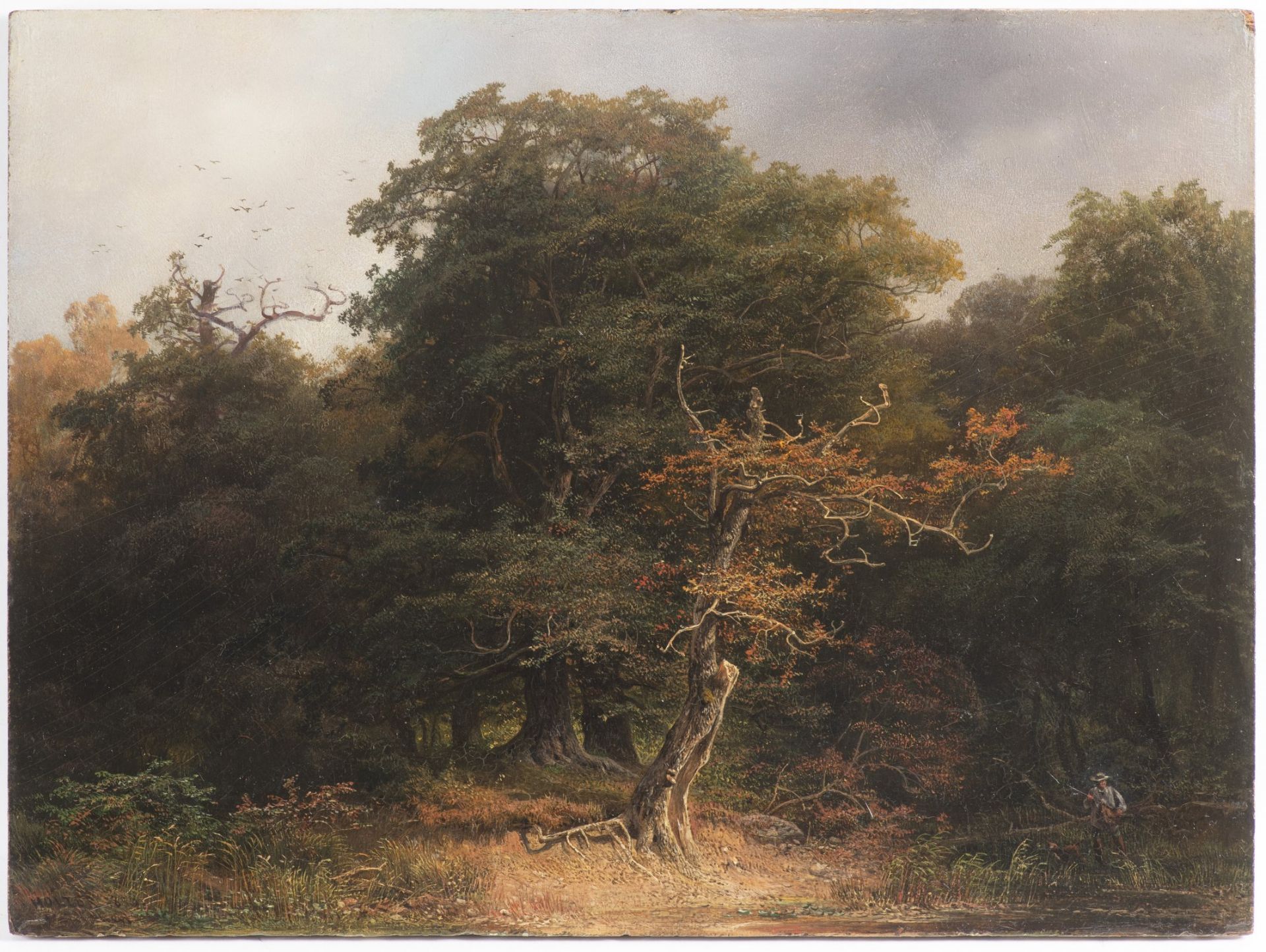 JOSEF HOLZER 1824 - 1876: FOREST LANDSCAPE 1856 Oil on wood 28,5 x 38,5 cm Signed: Lower left "