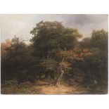 JOSEF HOLZER 1824 - 1876: FOREST LANDSCAPE 1856 Oil on wood 28,5 x 38,5 cm Signed: Lower left "