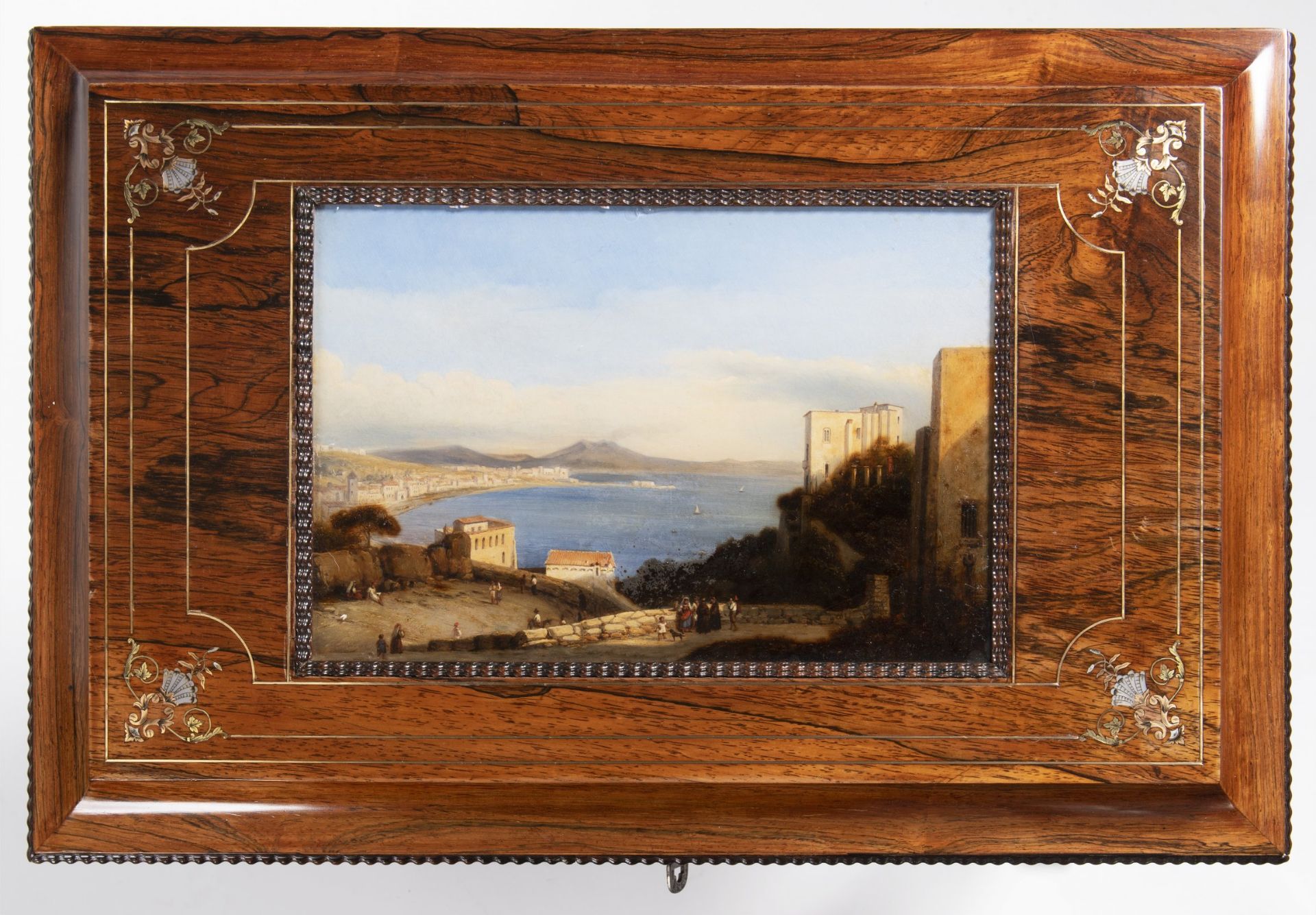 SEWING TABLE WITH A REVERSE GLASS PAINTING Kolem 1840 Italy Naples Rosewood, maple, ebony, pearl, - Bild 2 aus 2
