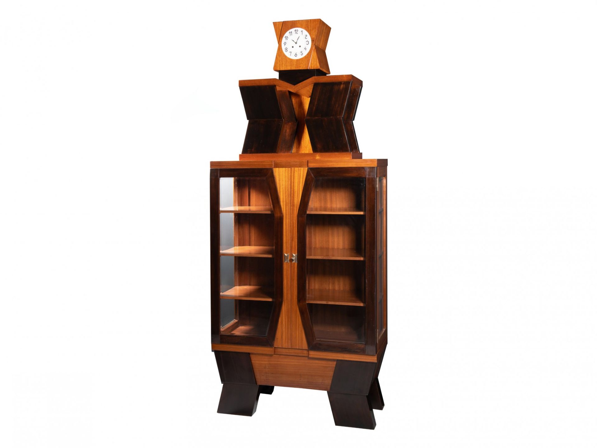 JOSEF GOČÁR 1880 - 1945: CUBIST GLASS CABINET WITH CLOCK 1913-1914 Bohemia gabon, mahogany, rosewood