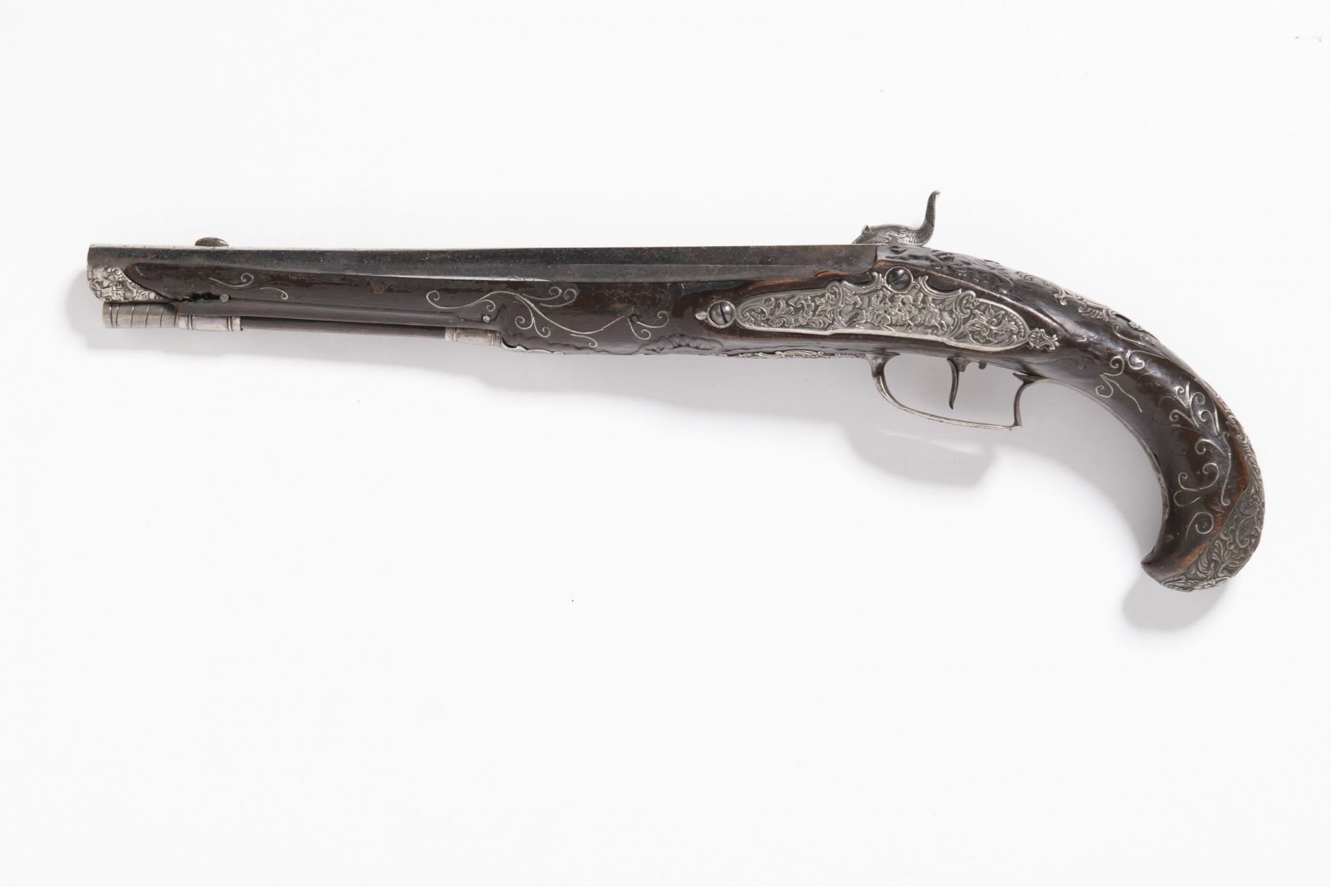 BAROQUE PERCUSSION PISTOL Second half of 18th century Bohemia Walnut, steel, silver 44 cm Signed: - Image 2 of 3