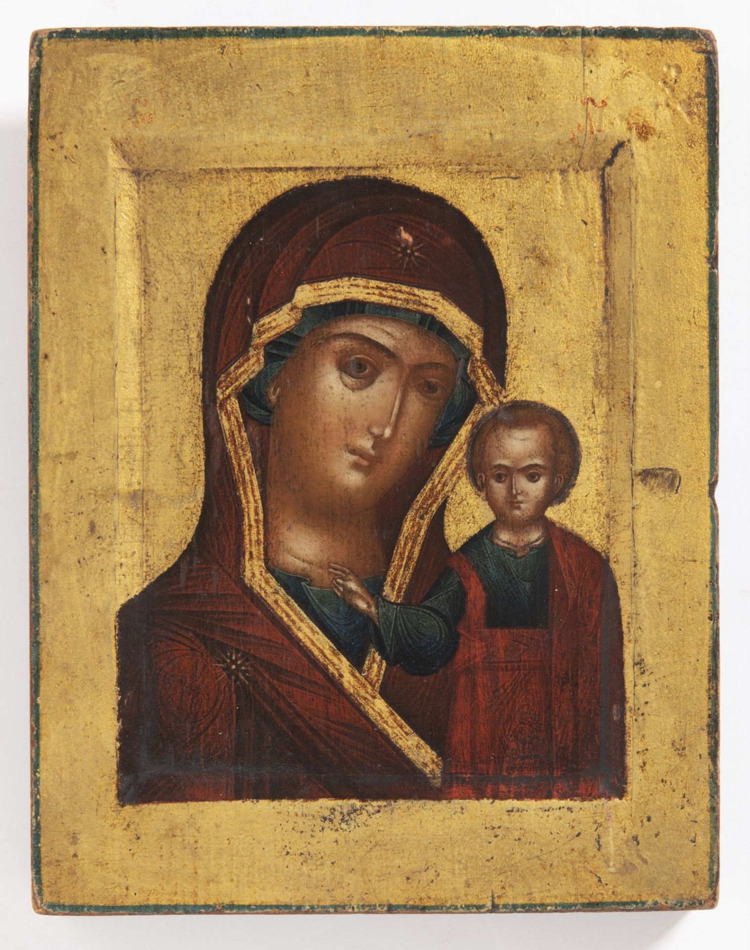 ICON OF MARY THE HOLIEST 18th century Oil, wood, gilding 23 x 18,5 cm Mary with Jesus in the