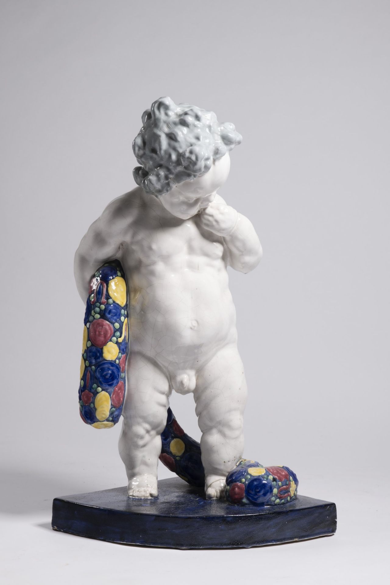 PUTTO WITH A FLOWER FESTOON Ca. 1910 Bohemia Glazed pottery 80 cm Glazed ceramic figure putti made