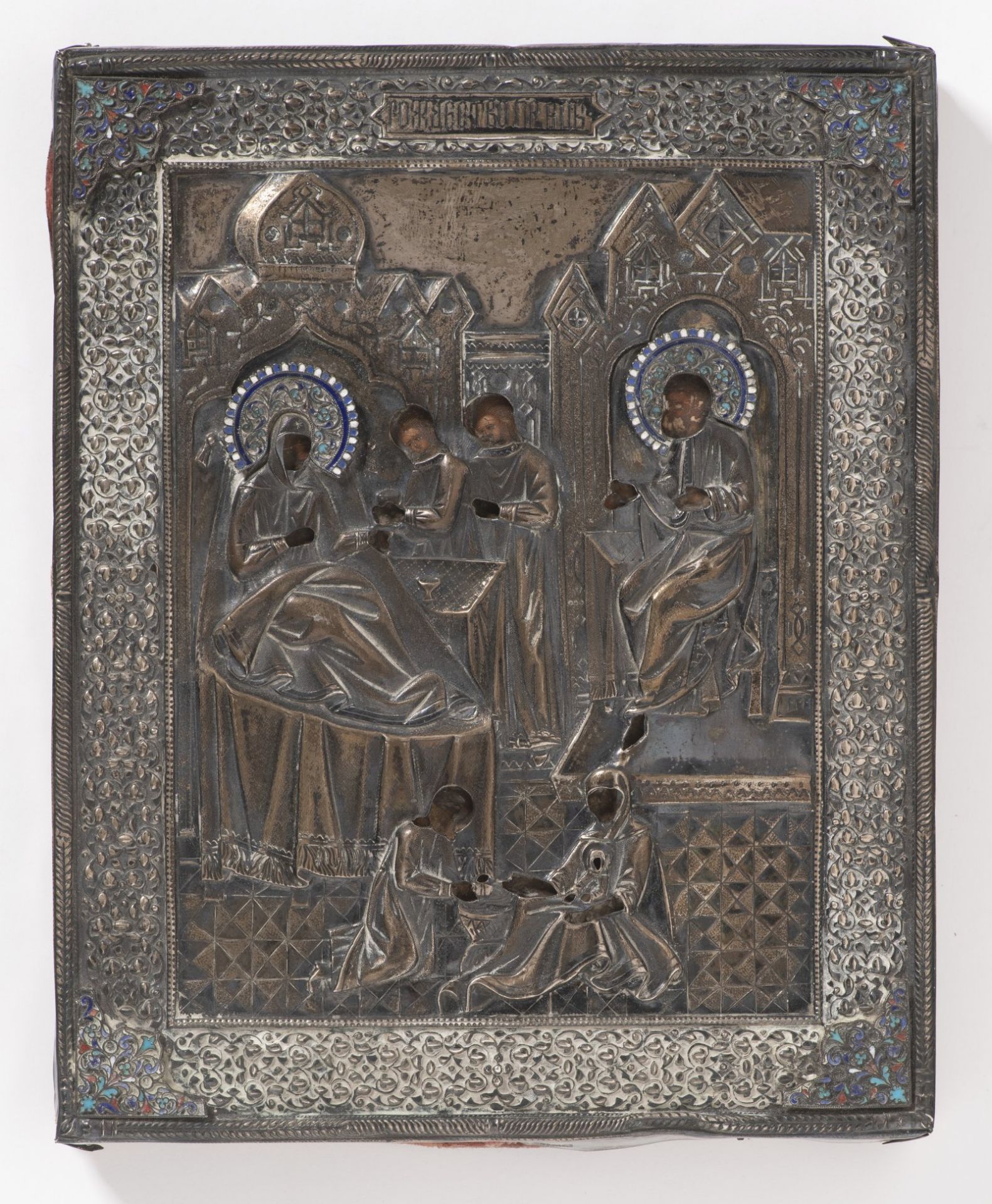 THE ICON OF MARIA'S NATIVITY 1890 Oil on wood, silver, cloisonné 22,5 x 18 cm, 642.7 g Signed: In