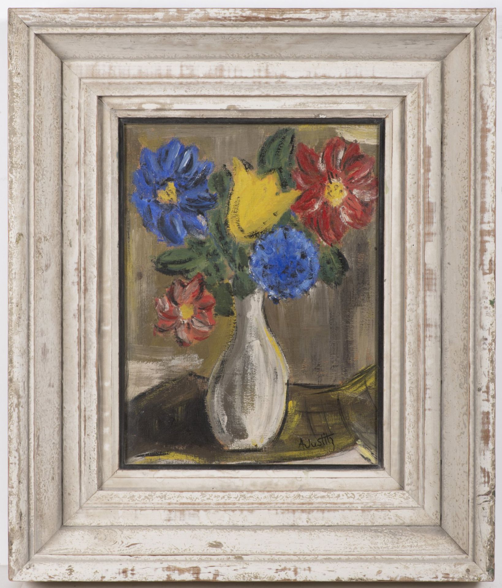 ALFRED JUSTITZ 1879 - 1934: BOUQUET IN A VASE Ca. 1925 Oil on plywood 27,5 x 21 cm Signed: Lower