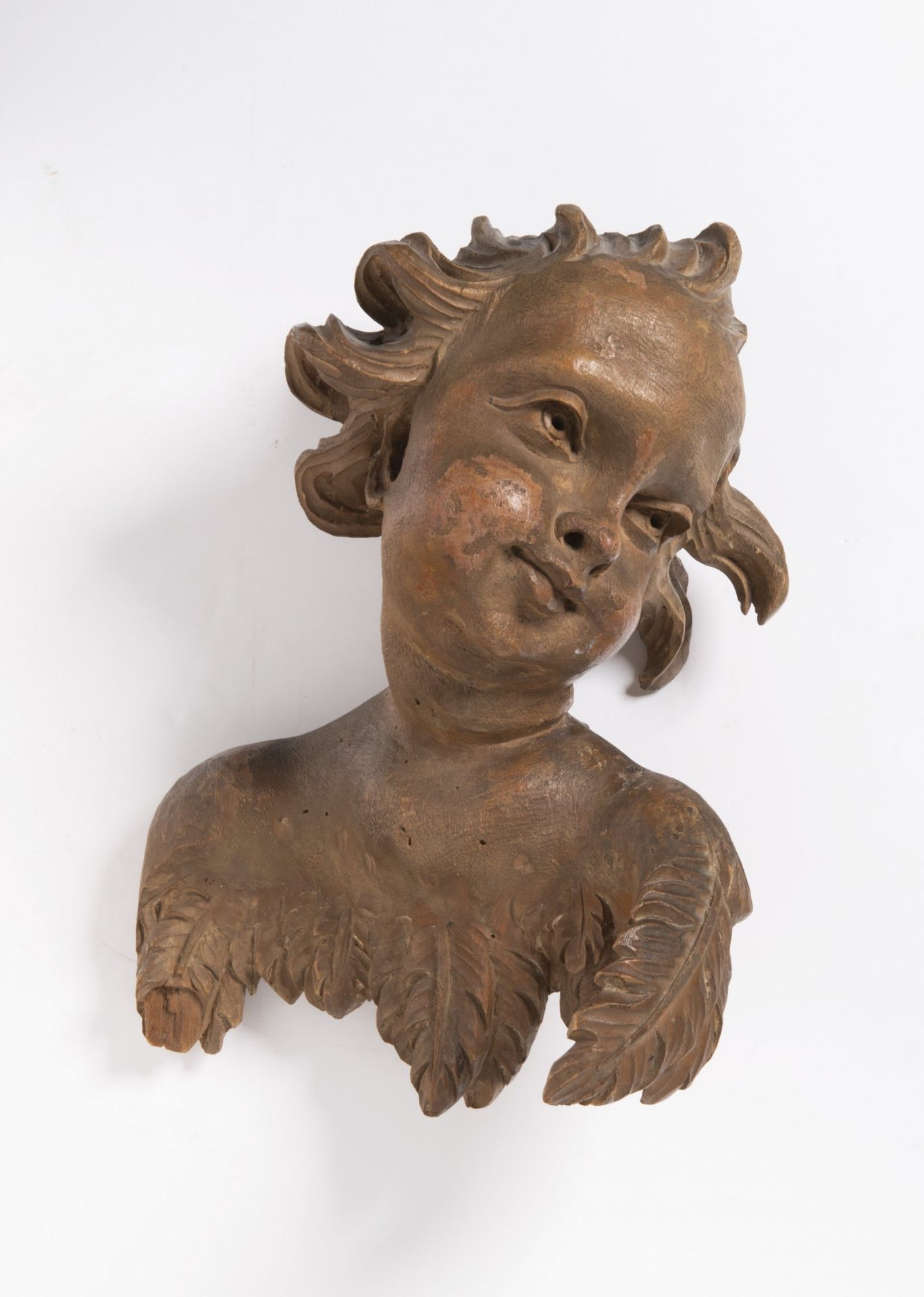 ANGEL'S HEAD 18th century Central Europe Polychrome wood 31 cm Sculpture of an angelface with a hint