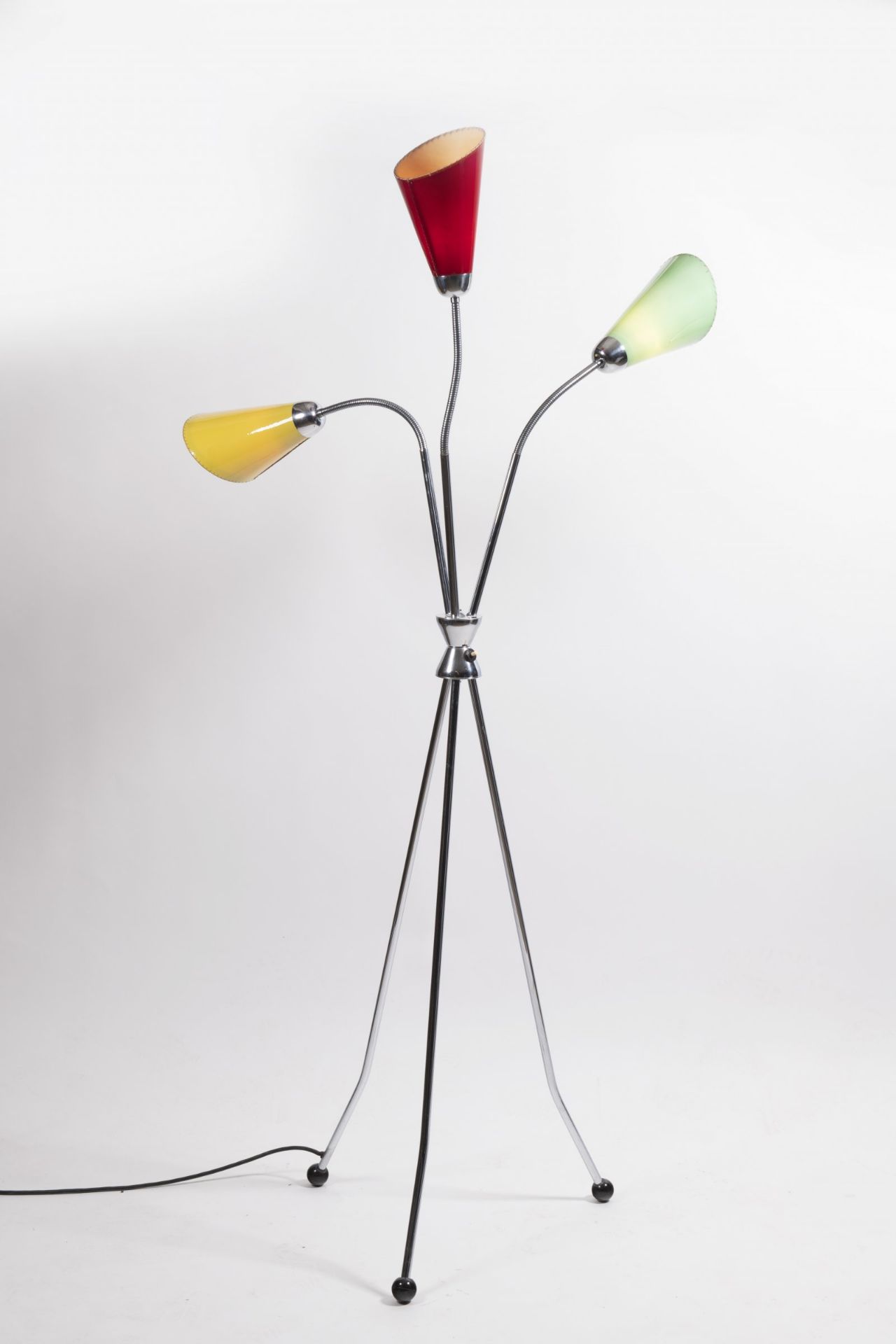 STANDING LAMP "BRUSSELS" 1960s Bohemia chrome steel, plastic 180 x 100 cm The three-arm floor lamp