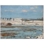 FRANTIŠEK KAVÁN 1866 - 1941: POND IN TRHOVÁ KAMENICE ON THE FIRST SNOW Ca. 1920 Oil on cardboard