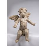 SITTING PUTTO 18th century Central Europe Polychrome wood 62 cm Sitting cherub in a dramatic gesture