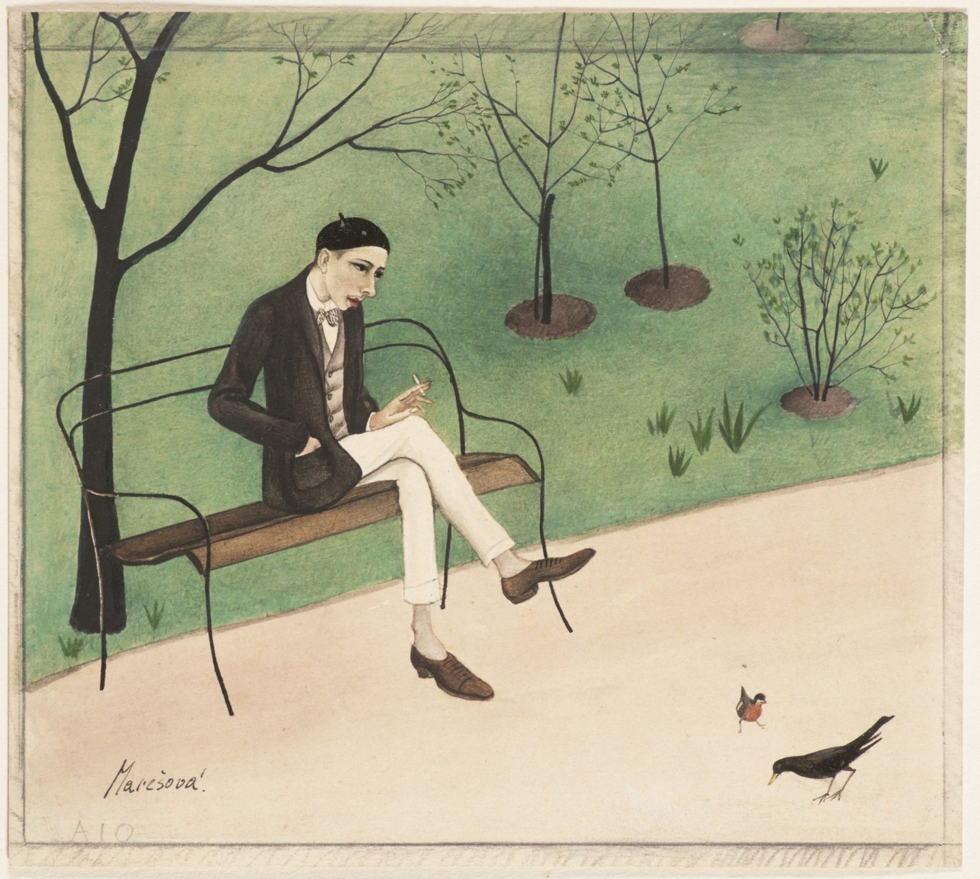 MILADA MAREŠOVÁ 1901 - 1987: IN A PARK ON A BENCH Ca. 1930 Watercolour, paper In frame 12 x 14 cm