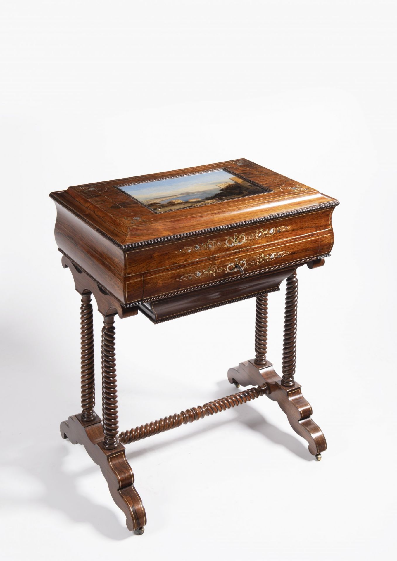 SEWING TABLE WITH A REVERSE GLASS PAINTING Kolem 1840 Italy Naples Rosewood, maple, ebony, pearl,