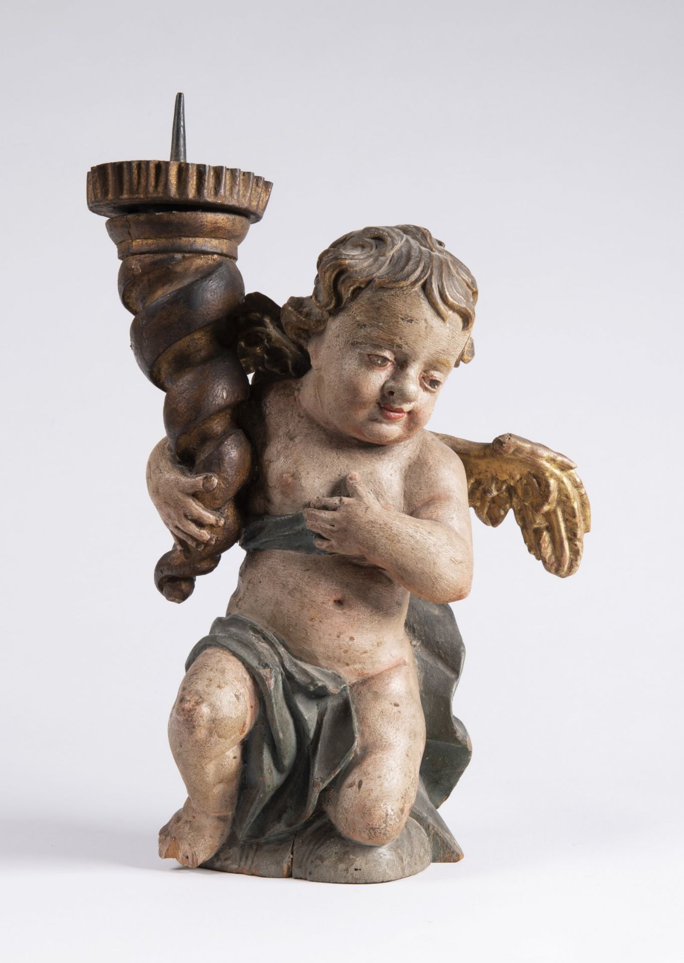PUTTO - TORCHBEARER 18th century Central Europe Polychrome and gilded wood, metal 38 cm Putto