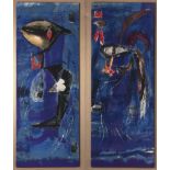 LADISLAV DYDEK 1919 - 2006: HEN AND ROOSTER Ca. 1960 Art protis Wool 284 x 106 cm Signed: Lower left