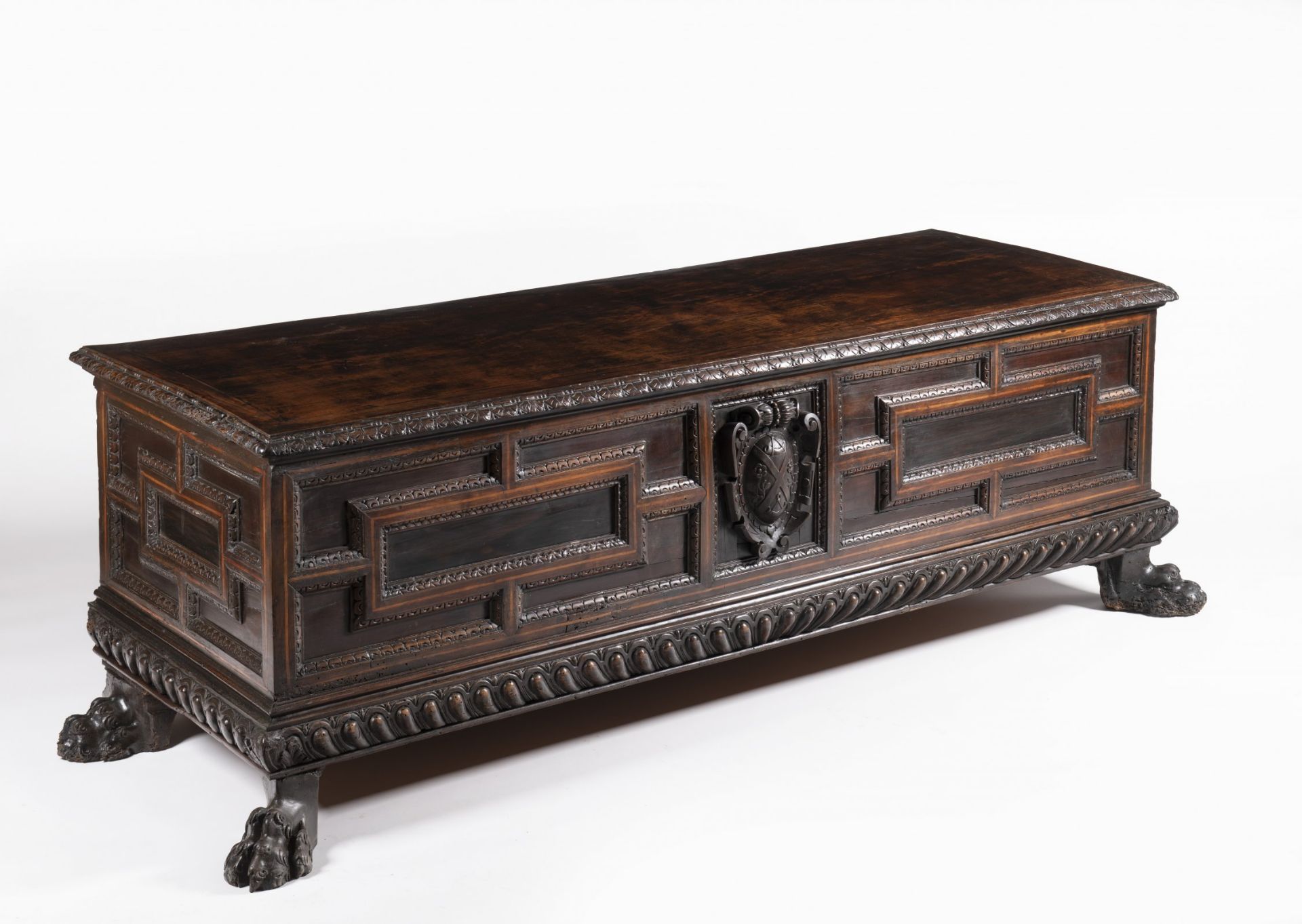 MANNERIST CHEST Second half of 16th century Italy walnut, maple 58,5 x 171 x 58,5 cm The massive