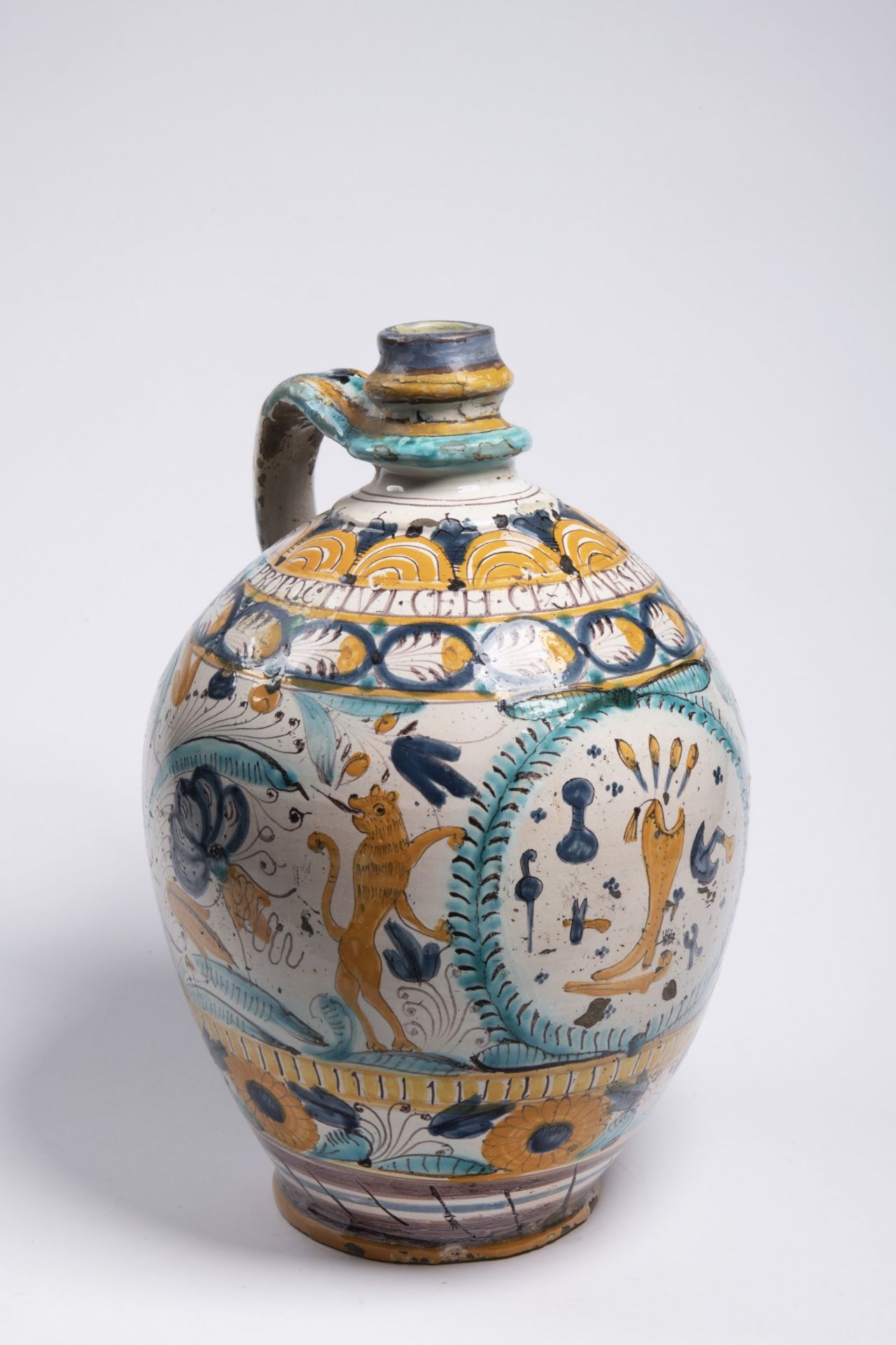 JUG OF A GUILD 1840 Sobotiště, Slovensko Faience, varicoloured glaze 36 cm Guild post-haban