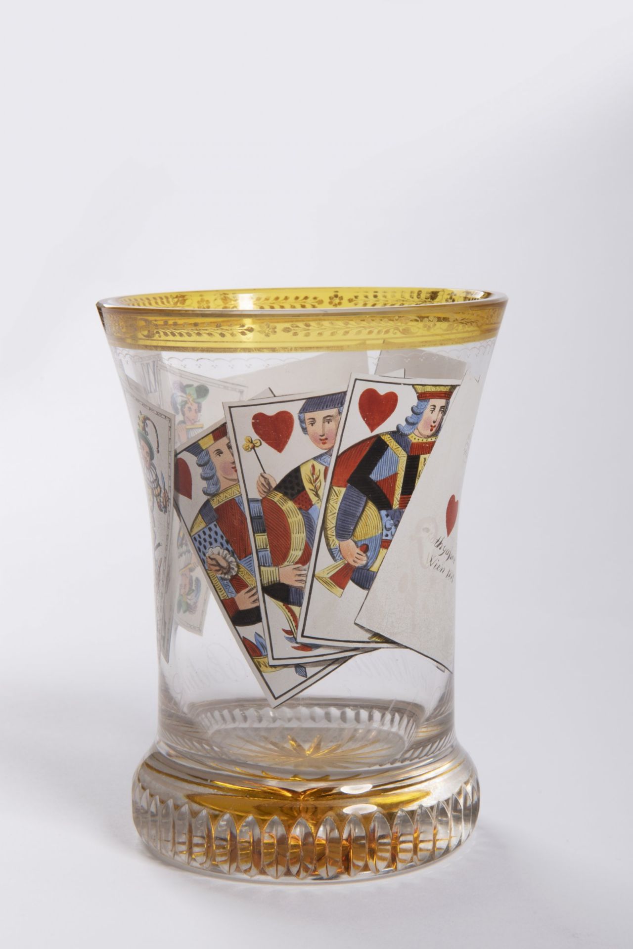 ANTON KOTHGASSER 1769 - 1851: BEAKER WITH CARDS 1821 Vienna Handpainted glass 12 cm Signed: On the