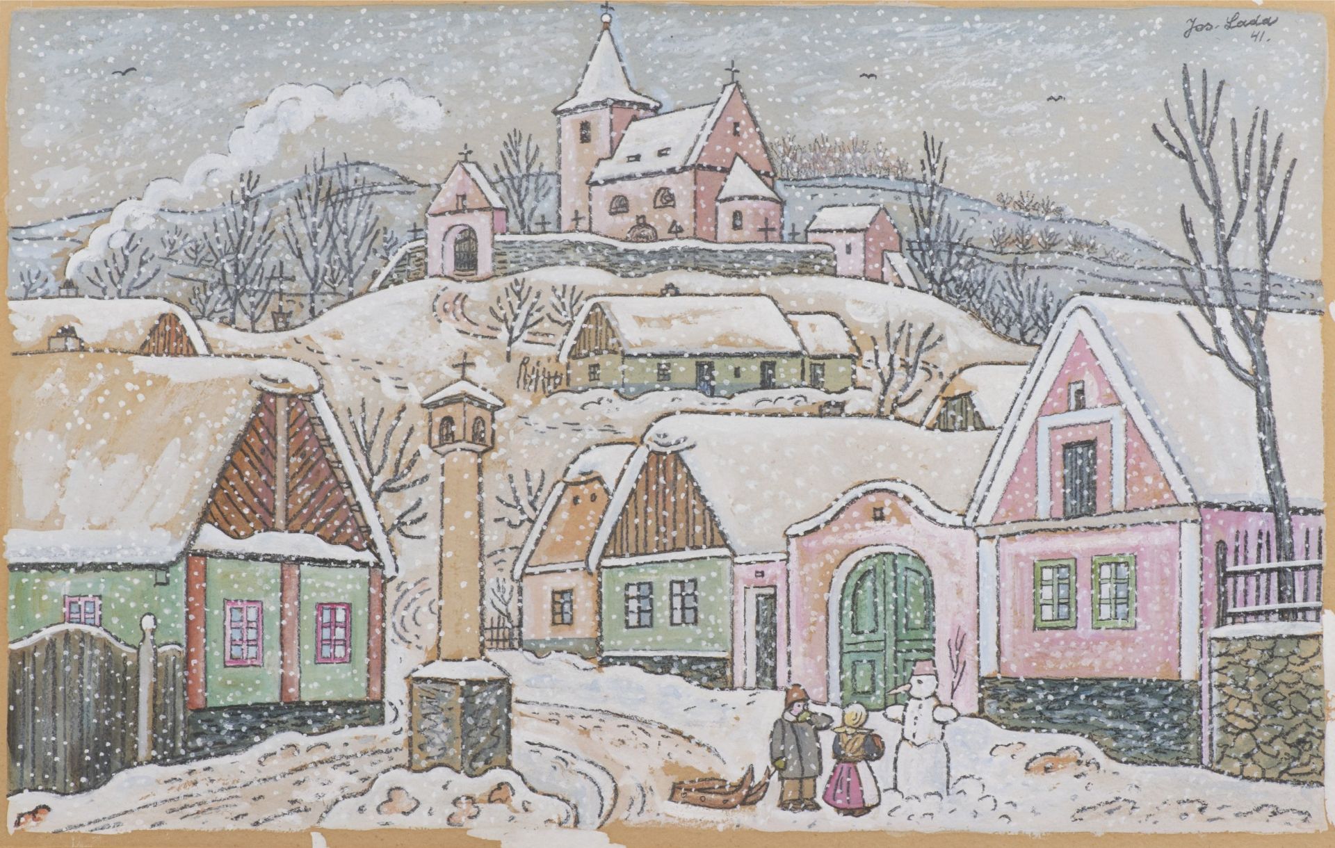 JOSEF LADA 1887 - 1957: WINTER 1941 Ink, watercolour, gouache on cardboard In frame 37,5 x 59 cm