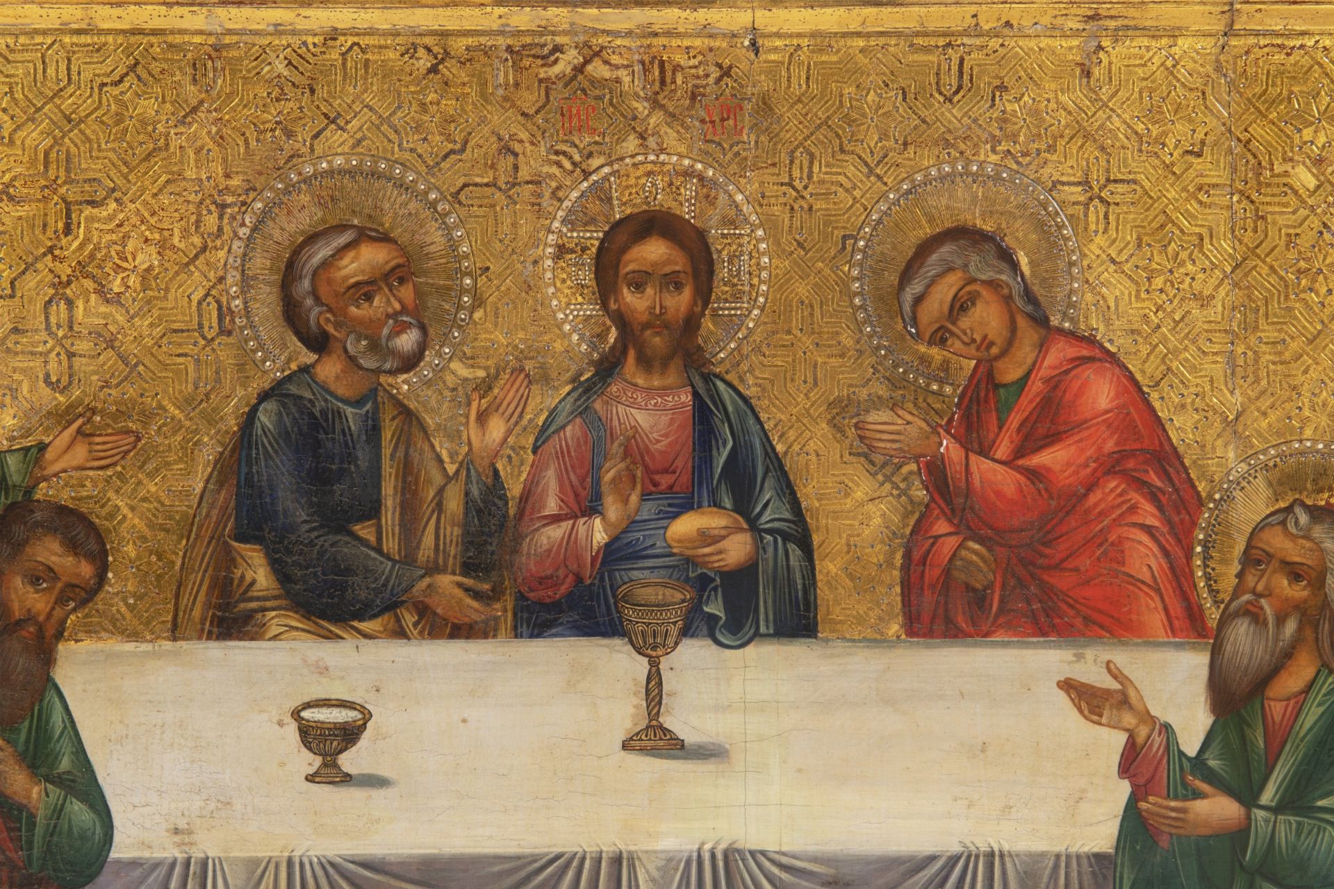 ICON - THE LAST SUPPER Ca. 1900 Russia Oil, wood, gilding 53 x 116,5 cm Traditional church theme - Image 2 of 3