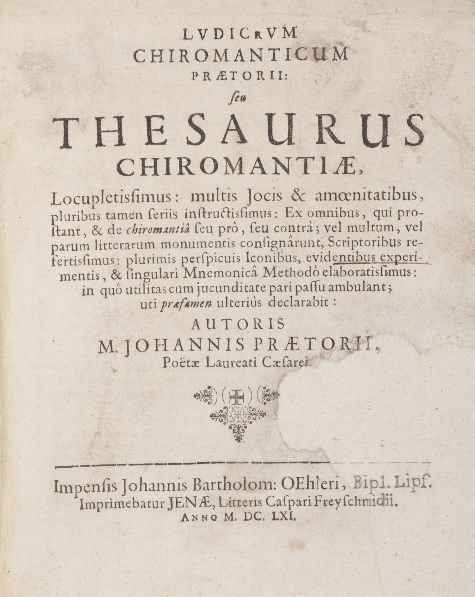 M.J. PRAETORIUS: LUDICRUM CHIROMANTICUM SEU THESAURUS CHIROMANTIAE 1661 Period parchment binding