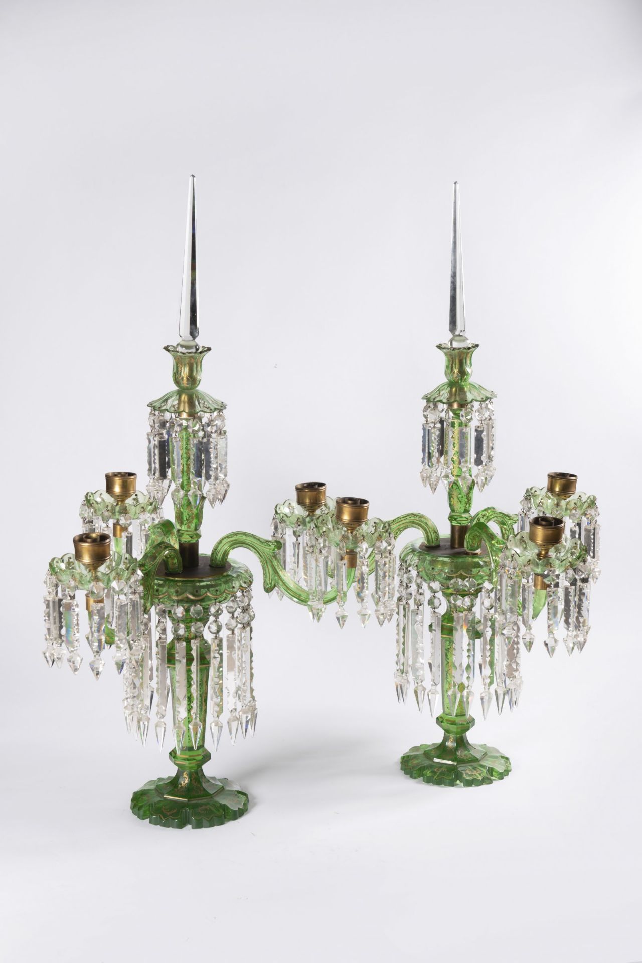 URANIUM GLASS CANDELABRA Ca. 1840 Bohemia Uranium glass, Czech crystal glass, bronze 94 cm A