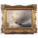 LUIGI RICCARDI 1808 - 1877: SHIPS IN WAVES Ca. 1850 Oil on cardboard 28 x 39,5 cm Signed: Lower