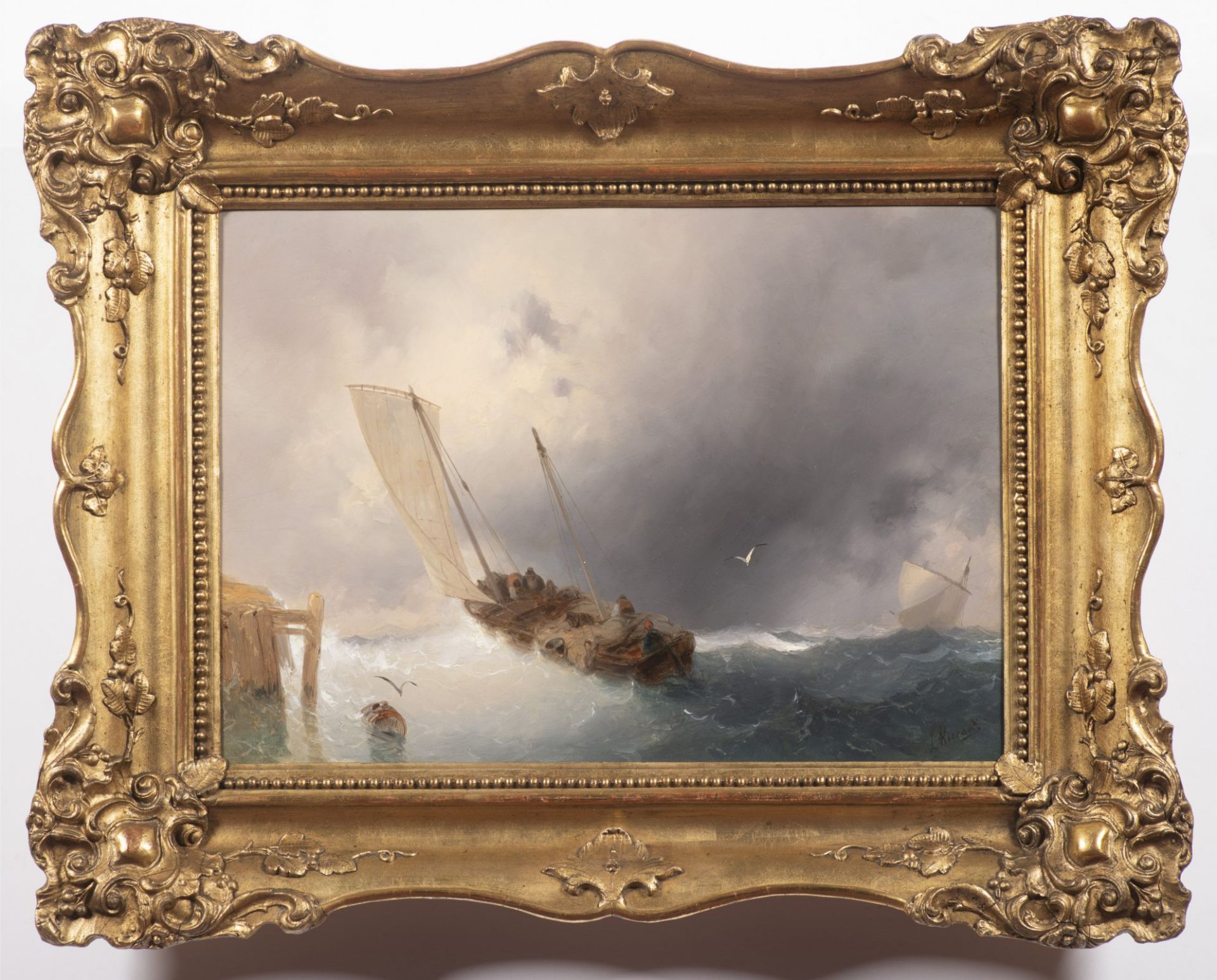 LUIGI RICCARDI 1808 - 1877: SHIPS IN WAVES Ca. 1850 Oil on cardboard 28 x 39,5 cm Signed: Lower