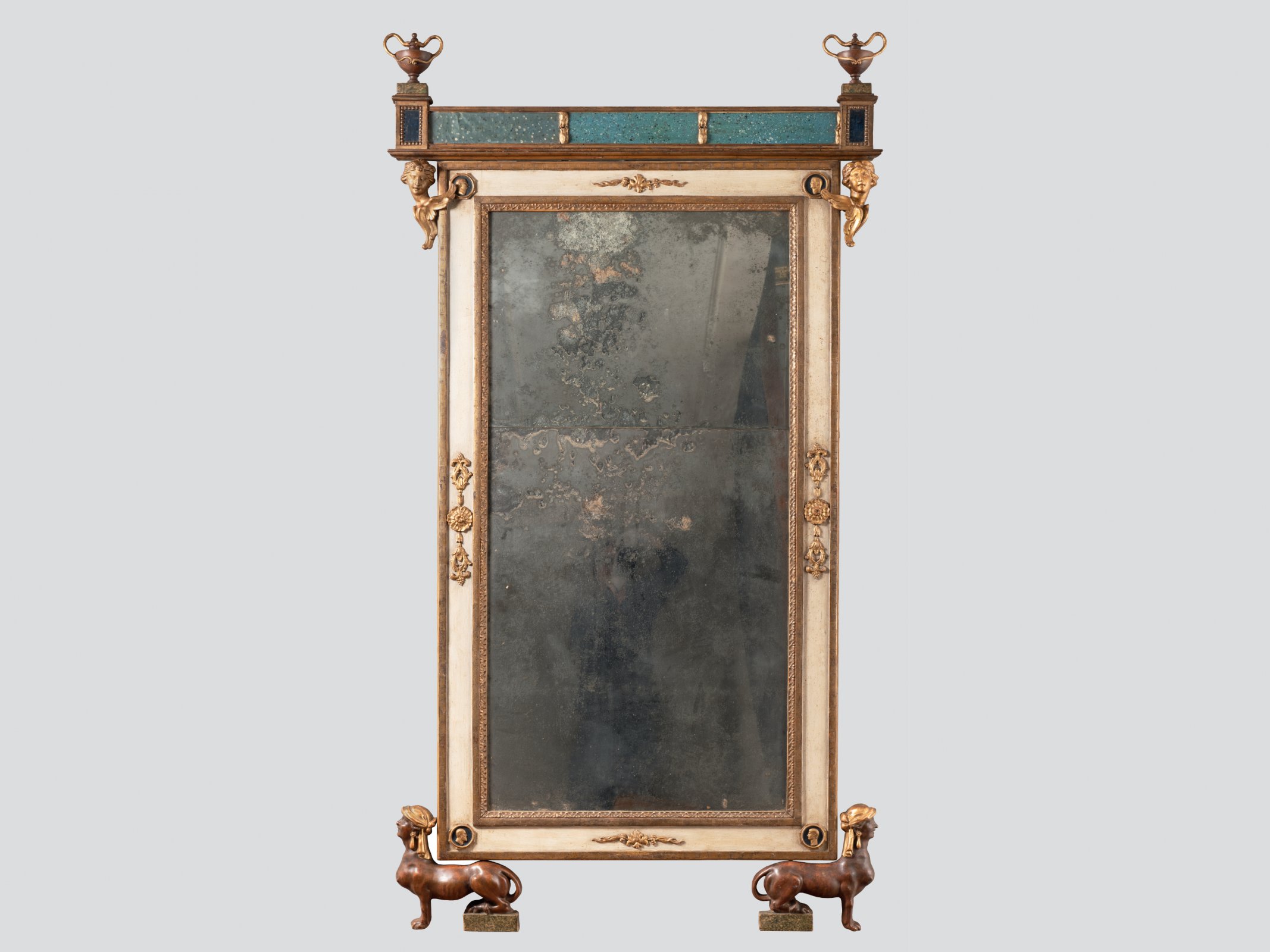 EMPIRE STYLE MIRROR Kolem 1800 glass, gilded wood, underpainting on glass 177 x 96 cm A rare Italian