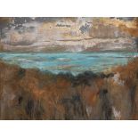 ALENA BELDOVÁ 1955: BLUE LAKE 2020 Acrylic on metal plate Corten 70 x 100 cm Signed: On revers "