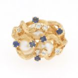 Pearl, Sapphire and Diamond Cluster Ring