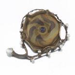 Artisan Sterling Silver, Iridescent Glass, Blue Sapphire and Pearl Floral Pin Brooch