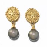 Pair of Gold and Tahitian Pearl Day to Night Starfish Design Earrings