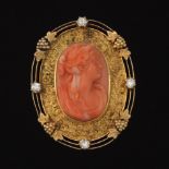 Carved Coral Cameo in Gold and Diamond Frame, ca. 1910