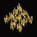 Modernist 18k Gold, Diamond and Green Tourmaline Brooch