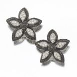 Ladies' Italian Gold, White and Black Diamond Pair of Floral Ear Clips