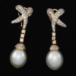Ladies' Gold, Diamond and Pearl Pair of Dangle Ear Clips