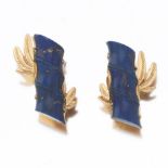 Retro Carved Lapis and Gold Ear Clips