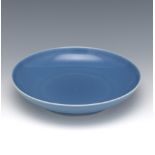 Chinese Porcelain Monochrome Blue Glazed Footed Dish, Apocryphal Kangxi Marks
