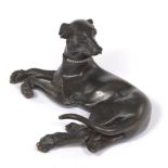 Recumbent Bronze Whippet Sculpture with Clear Stones Collar