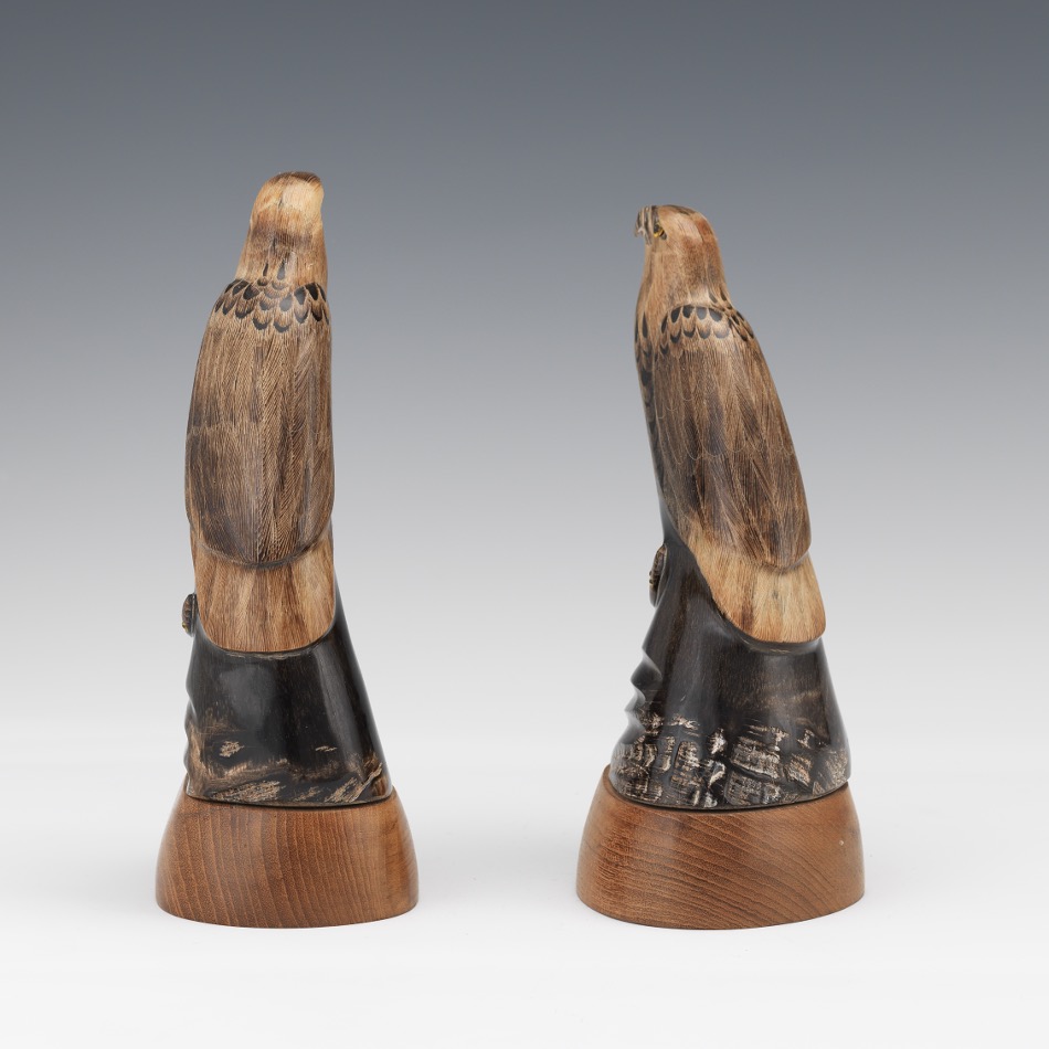 Japanese Pair of Carved Horn Book Ends, Eagles Capturing Serpent - Image 5 of 7