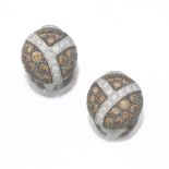 Ladies' Gold, White and Cognac Diamond Pair of Button Ear Clips