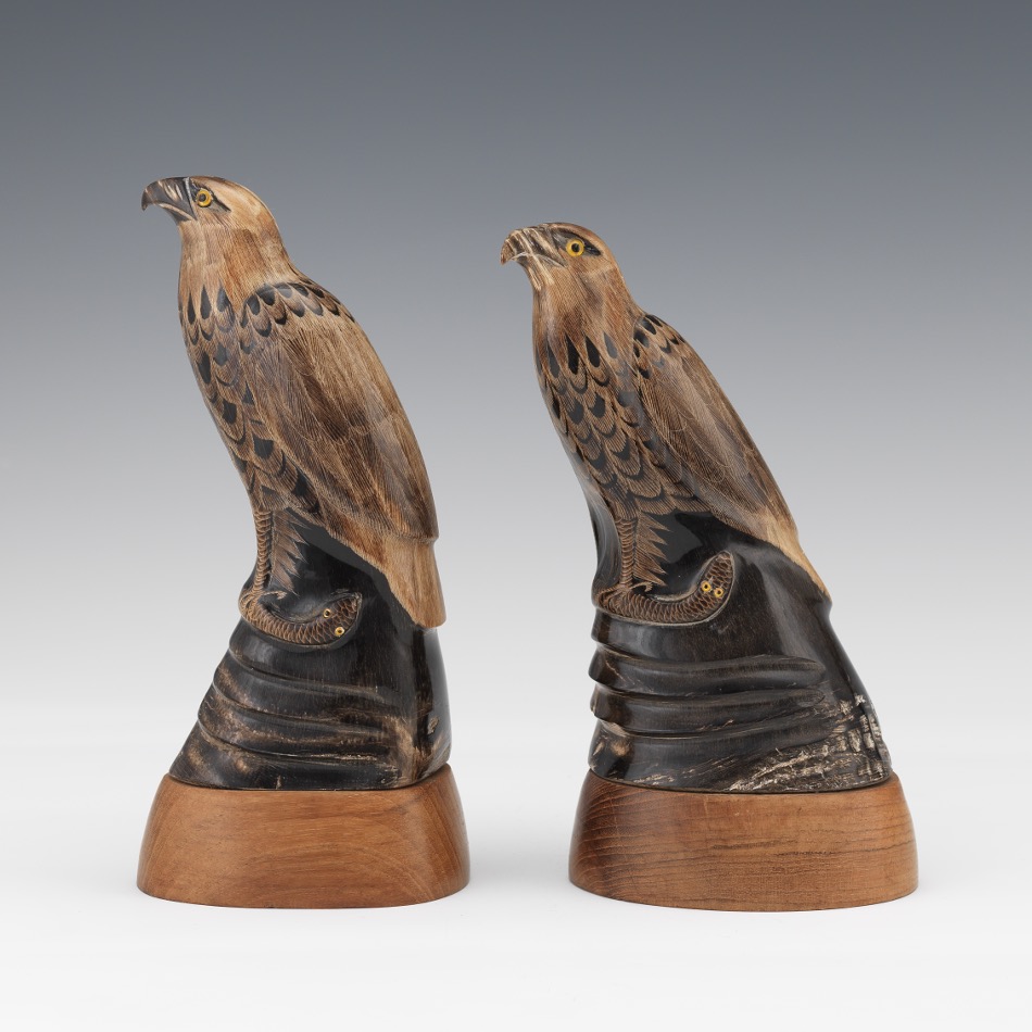 Japanese Pair of Carved Horn Book Ends, Eagles Capturing Serpent - Image 2 of 7