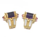 Ladies' Gold, Amethyst, Pink Tourmaline and Mother-of-Pearl Pair of Ear Clips