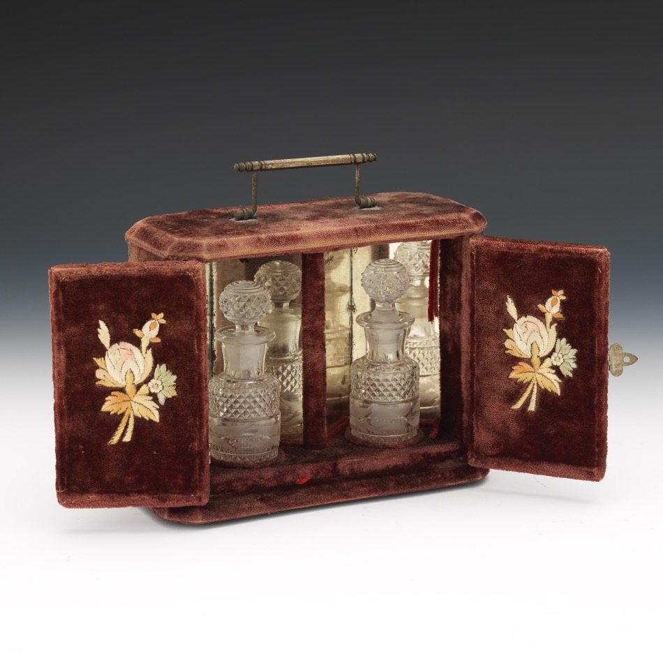 Victorian Velvet Miniature Vanity Cabinet with Scent Bottles, ca. Middle 19th Century