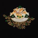 Jadeite, Carved Shell Cameo, and Diamond Brooch