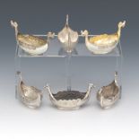 Four Swedish Sterling and Two Norwegian Enameled Sterling Viking Long Boat Salt Cellars by Theodor