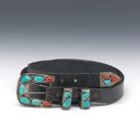Marvelyne C. Zuni Sterling Silver, Turquoise, Coral and Leather belt