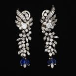 Ladies' Gold, Diamond and Blue Sapphire Pair of Cascade Ear Clips