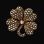 Edwardian Seed Pearl and Diamond Clover Brooch